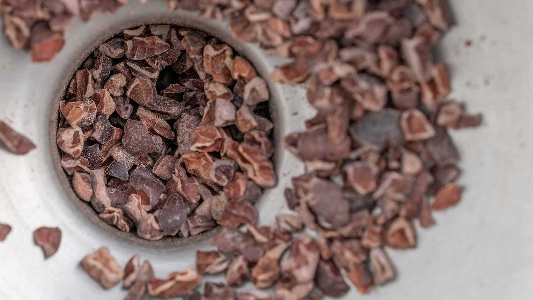A photograph of cocoa nibs in an industrial setting